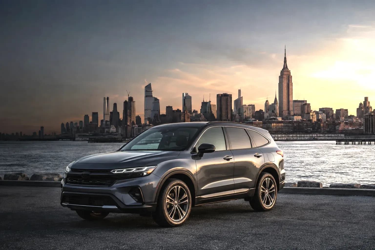 Gutori rental SUV beside the New York City skyline